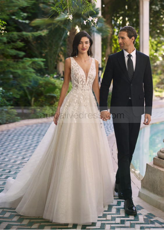 Deep V Neck Beaded Ivory Lace Tulle Sparkly Wedding Dress